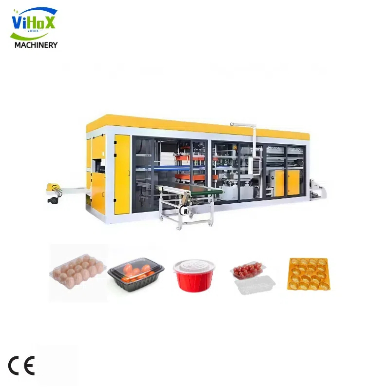 “Used plastic vacuum forming machine with finished products, for product display in used plastic machinery business.”