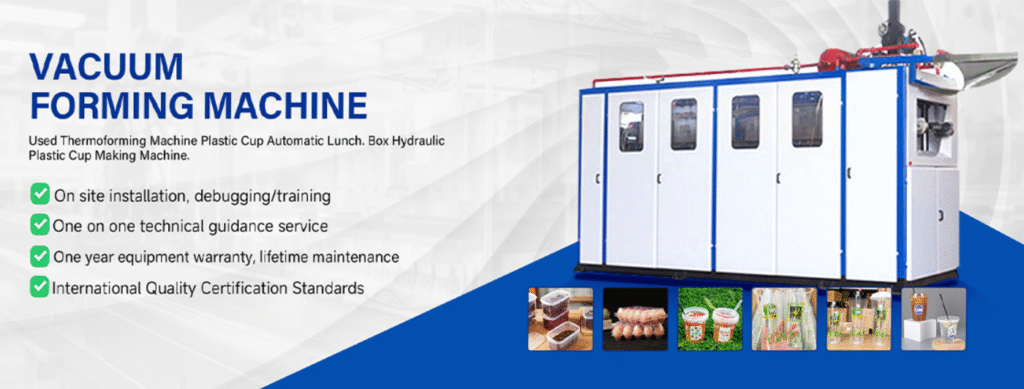 “Used plastic cup making machine with global on-site installation service, for product display in used plastic machinery business.”