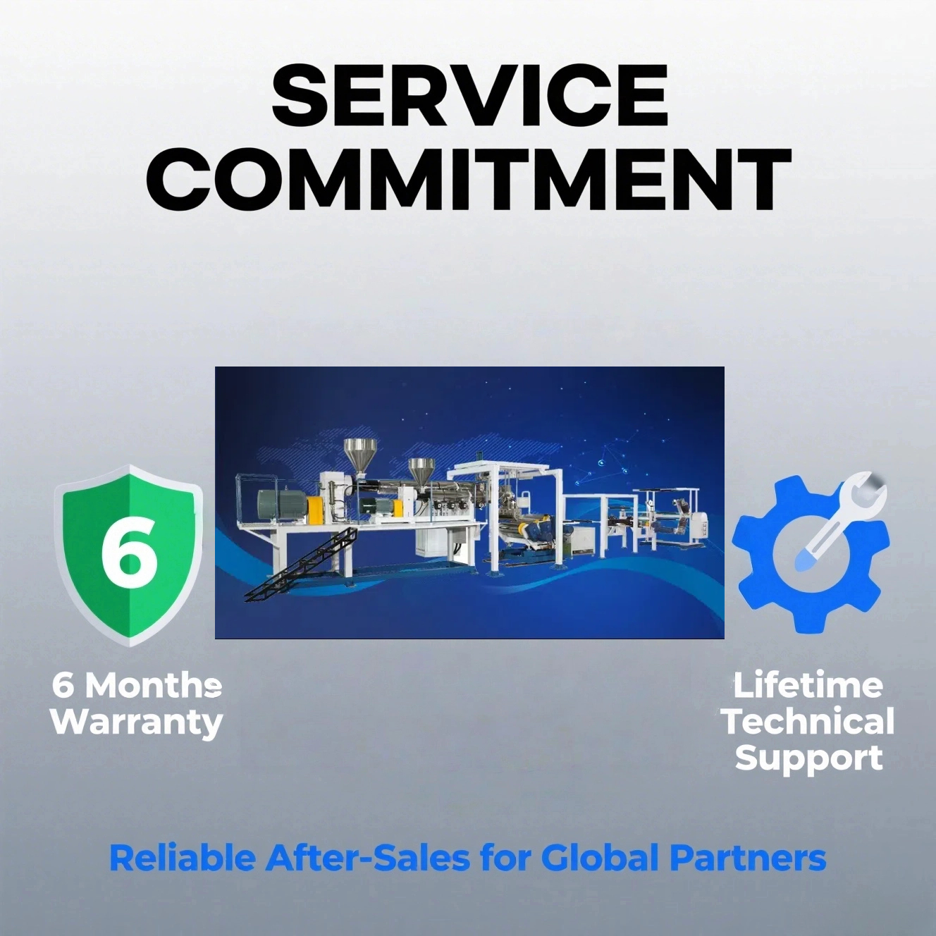 “Used plastic sheet machine after-sales service commitment, for service display in used plastic machinery business.”