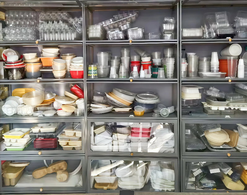 Our Plastic Product Sample Room: Various Disposable Plastic Items (Cups, Containers, Trays) Produced by Our Plastic Machinery