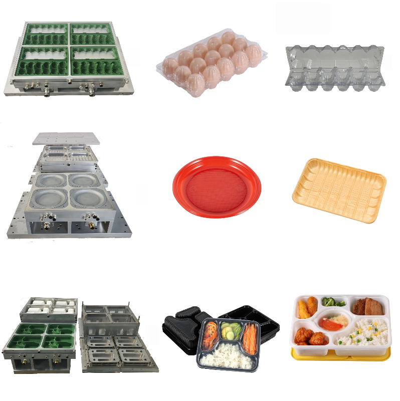 Plastic Vacuum Forming Machine Molds for Diverse Products (Egg Trays, Dishes, Lunch Boxes, etc.) 标题：Plastic Vacuum Forming Machine Molds - Various Products Production 说明文字：Different molds of plastic vacuum forming machine producing egg trays, dishes, lunch boxes and more. 描述：This image shows various molds of plastic vacuum forming machine with their produced products like egg trays, dishes, lunch boxes, demonstrating versatile manufacturing capabilities.
