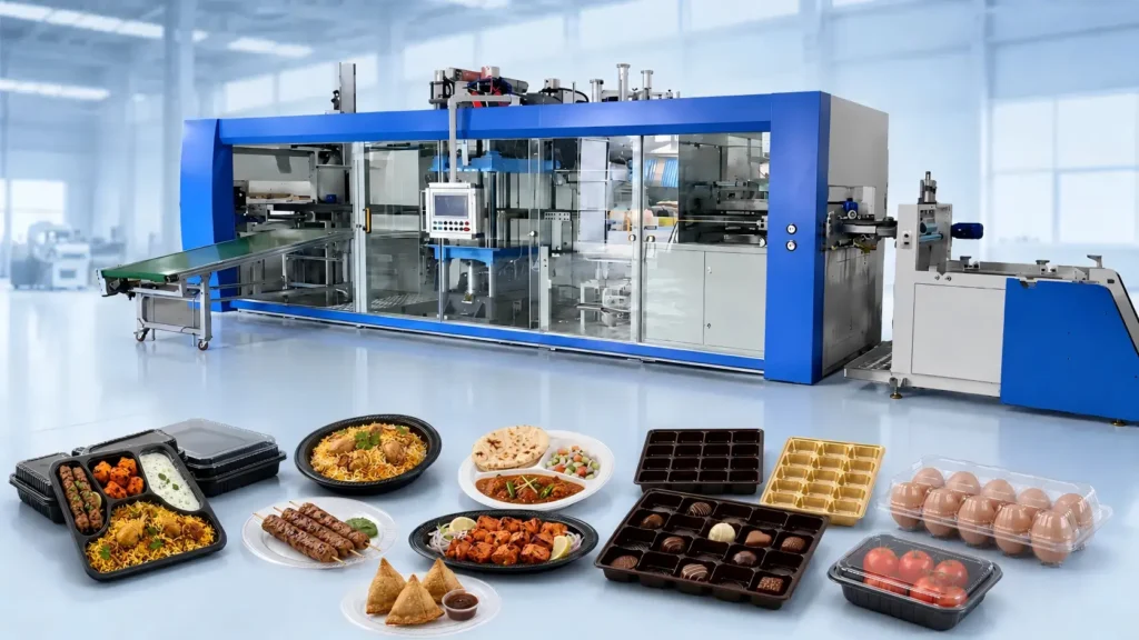 Plastic vacuum forming machine for food containers, trays, lids, clamshell boxes and blister packaging