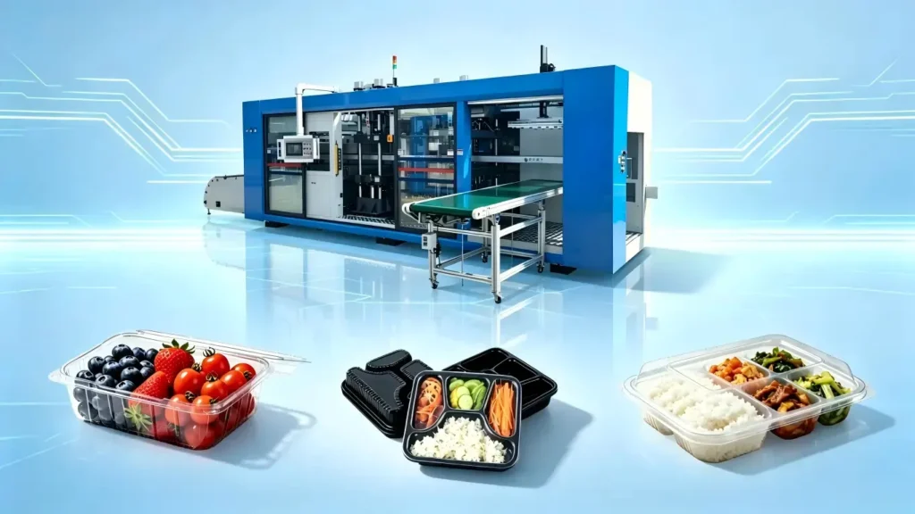 Thermoforming machine for plastic food containers, fruit trays, meal boxes and takeaway packaging