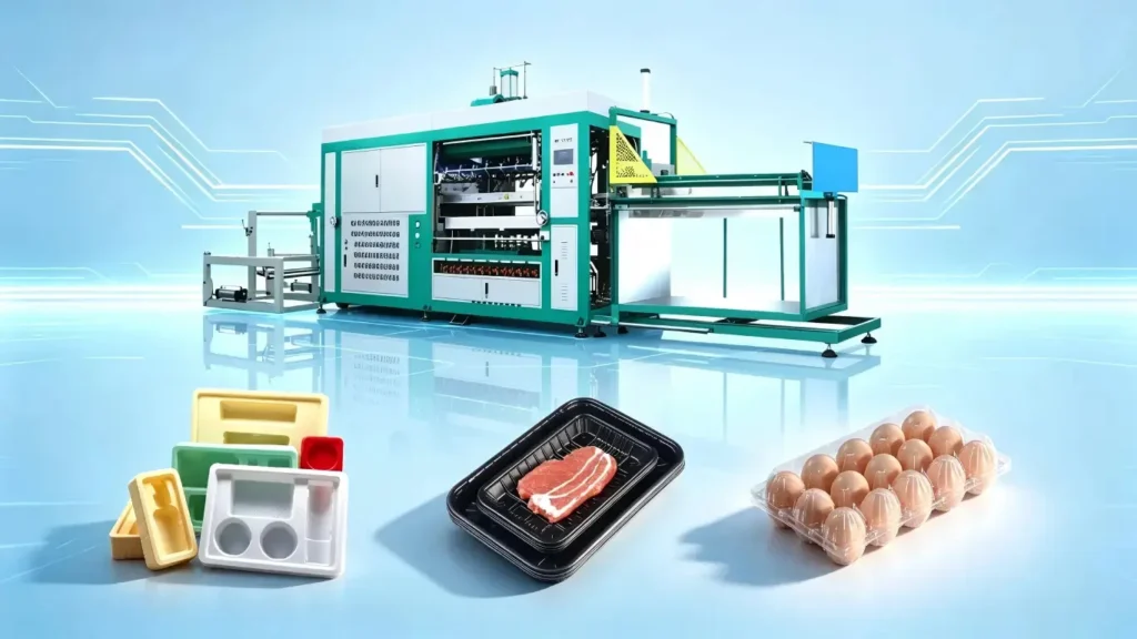 Vacuum forming machine for plastic trays, food containers, meat trays, egg trays and blister packaging products