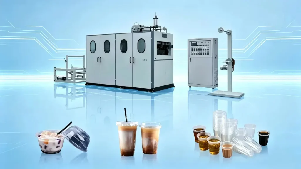 Plastic cup making machine for disposable cups, milk tea cups, jelly cups, yogurt cups and plastic bowls