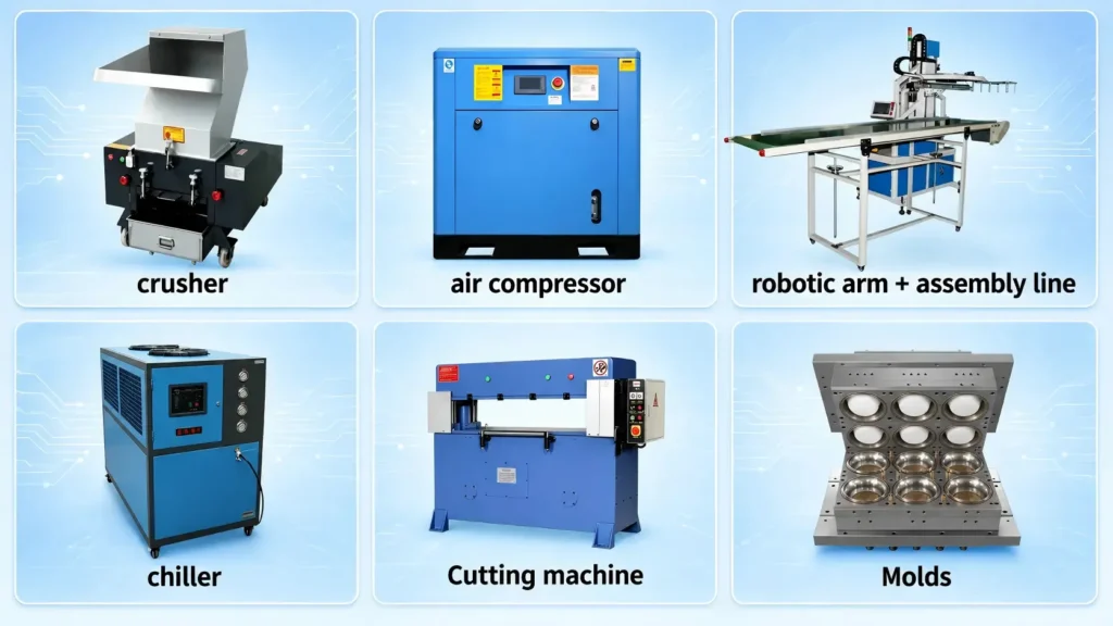 Molds and auxiliary equipment for cup molds, thermoforming molds, crushers, chillers and air compressors