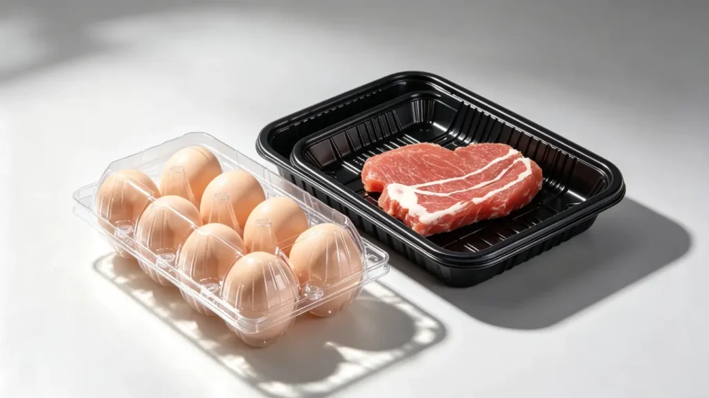 Thermoformed Meat and Egg Packaging Trays Produced by Vacuum Forming Machine