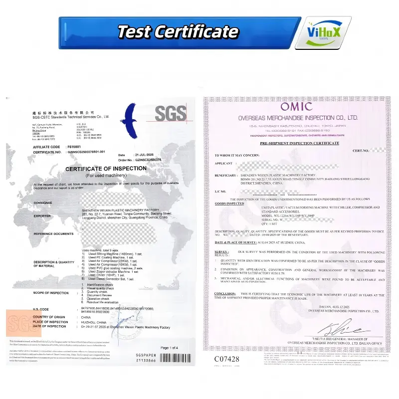 Third-Party Testing Certificate for Thermoforming and Plastic Packaging Machinery