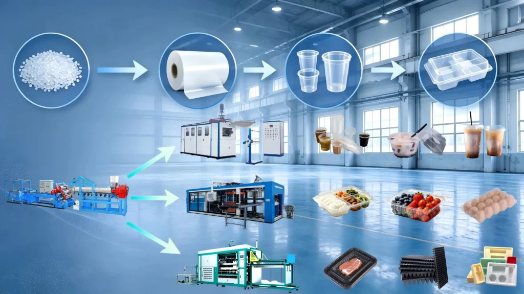 Turnkey plastic packaging production line from sheet extrusion to thermoforming, cup making and finished packaging products