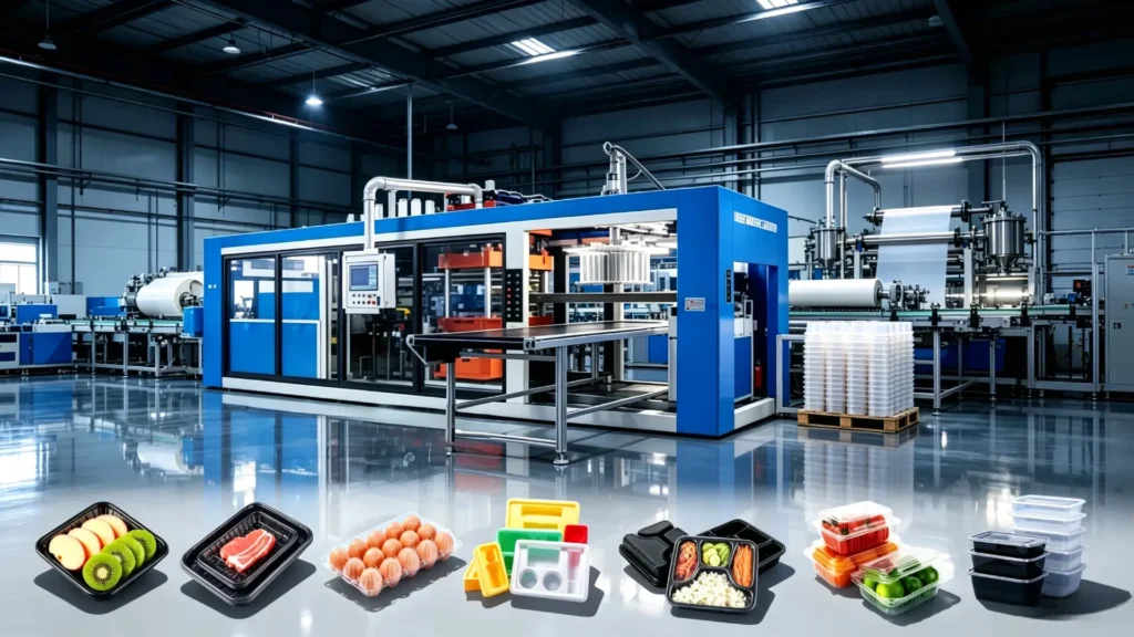 Food packaging thermoforming machine solution for plastic food containers, trays, lids, clamshell boxes and takeaway packaging products