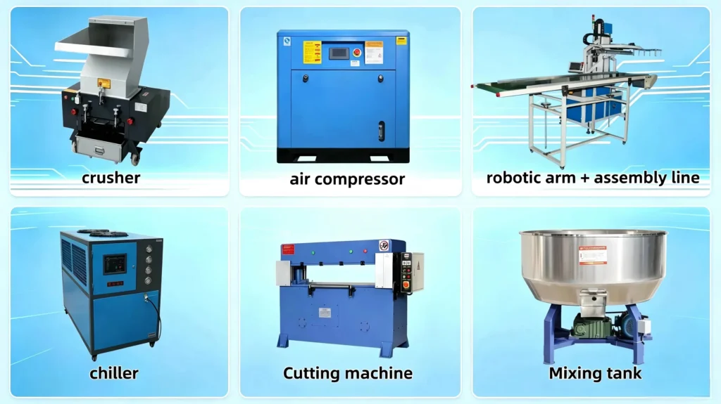 Plastic machinery spare parts warehouse with equipment components and replacement parts for thermoforming machines and plastic cup making machines