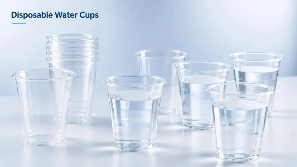 Disposable water cups produced by cup making machine for drinking water and takeaway beverage packaging