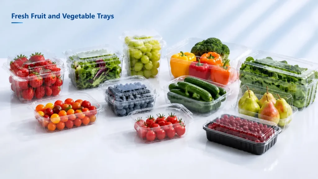 Fresh fruit and vegetable trays produced by plastic vacuum forming machine for berries, tomatoes and mushrooms
