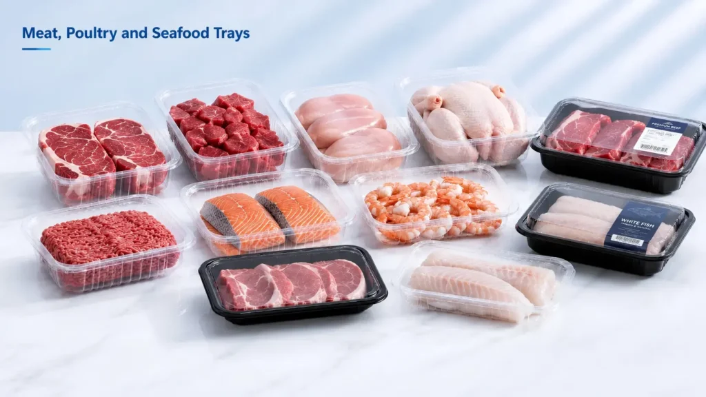 Meat poultry and seafood trays produced by plastic vacuum forming machine for chilled food packaging