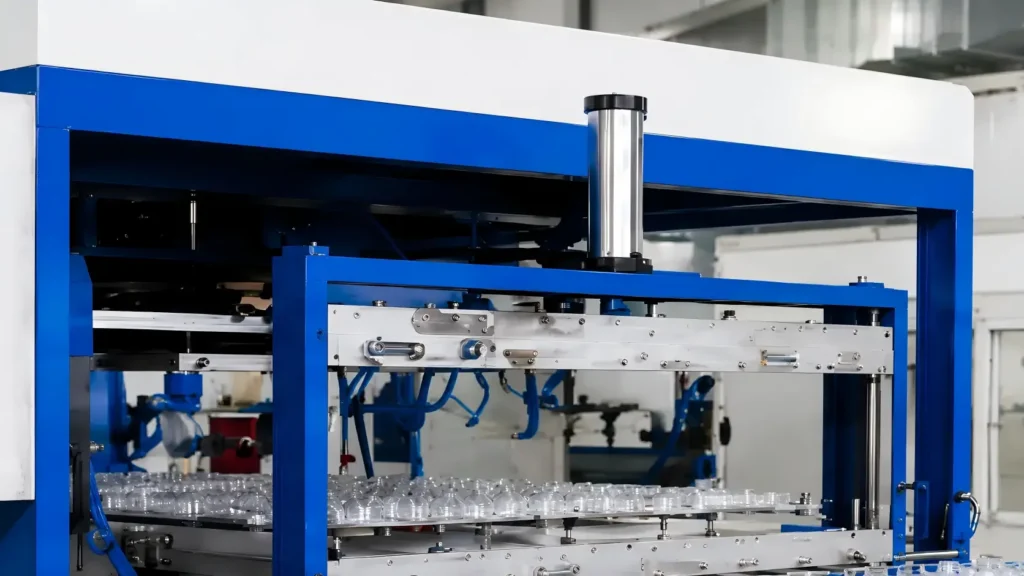 Plastic vacuum forming machine section cutting system for formed sheet web after trays are shaped