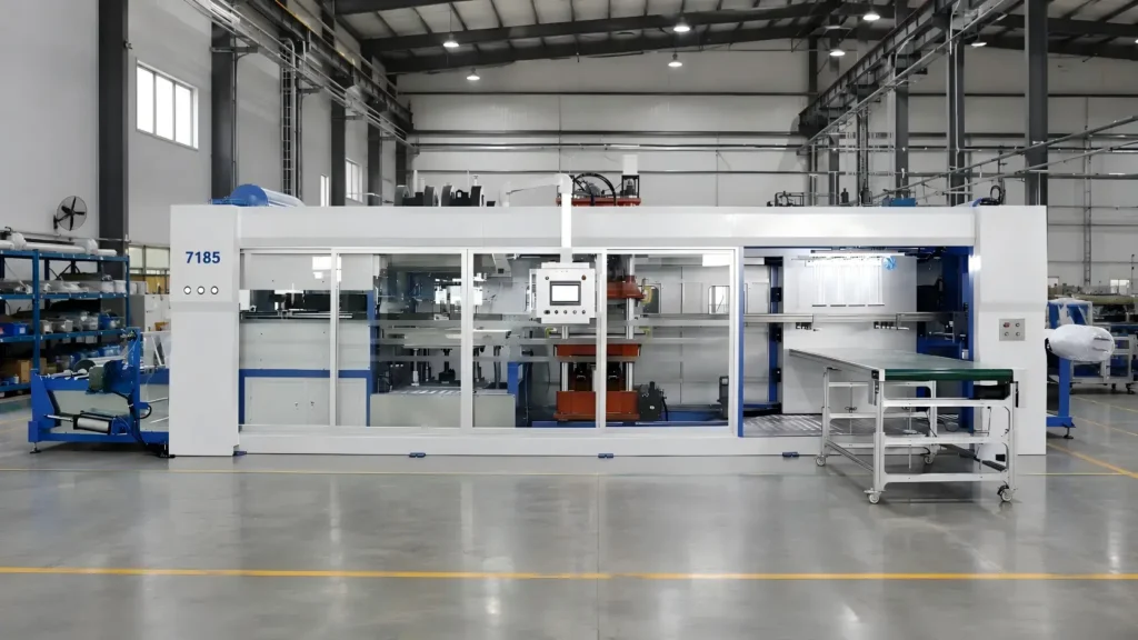 Fully automatic three-station plastic thermoforming machine 7185 for trays, containers and lids