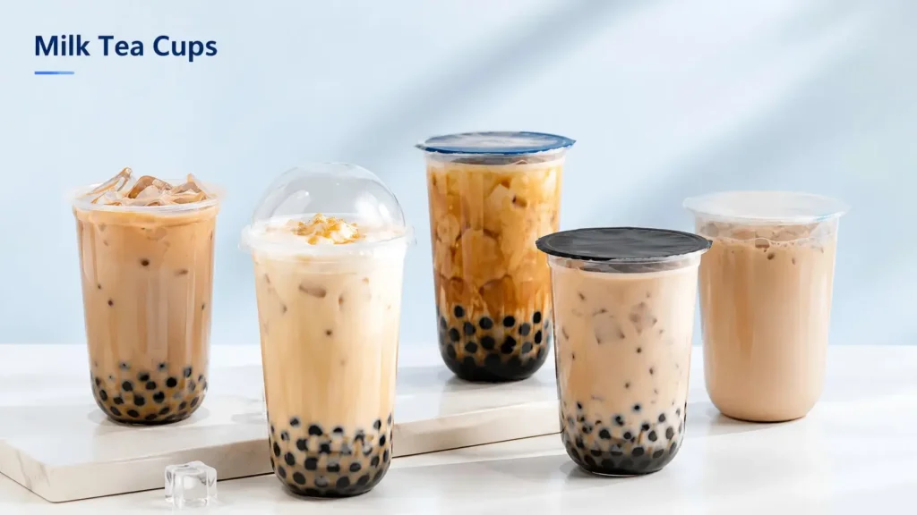 Milk tea cups produced by cup making machine for bubble tea, iced drinks and takeaway beverage packaging