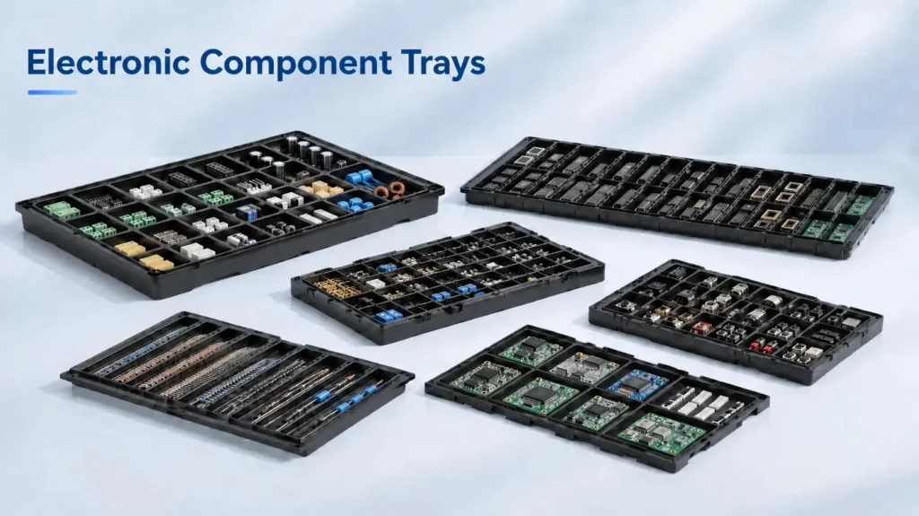 Electronic trays made by vacuum forming machine for circuit boards, connectors and precision parts packaging