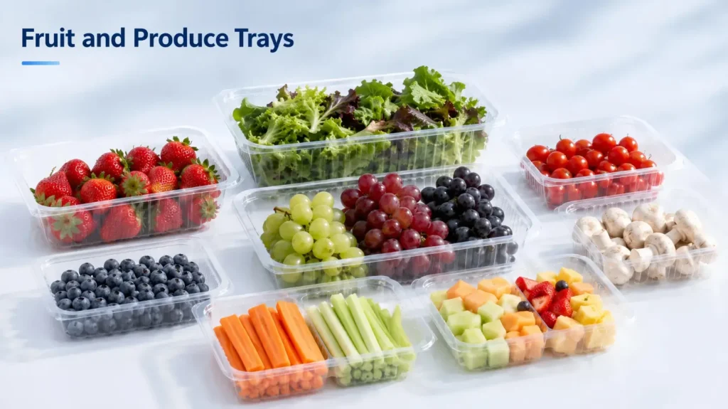 Fruit and produce trays made by vacuum forming machine for berries, tomatoes, grapes and fresh salad packaging