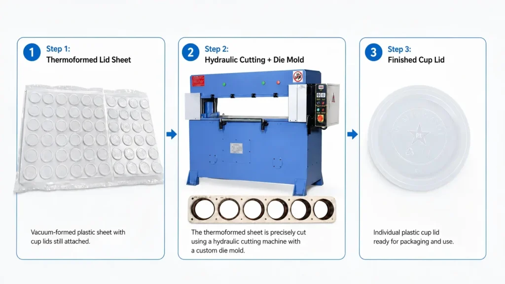 Hydraulic die cutting machine trimming vacuum formed sheets into finished plastic trays and parts