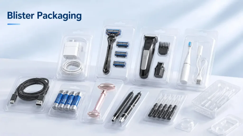 Blister packaging trays made by vacuum forming machine for electronics, personal care and consumer products