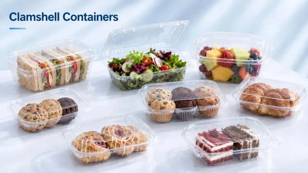 Clamshell containers produced by vacuum forming machine for bakery, salad, fruit and takeaway food packaging