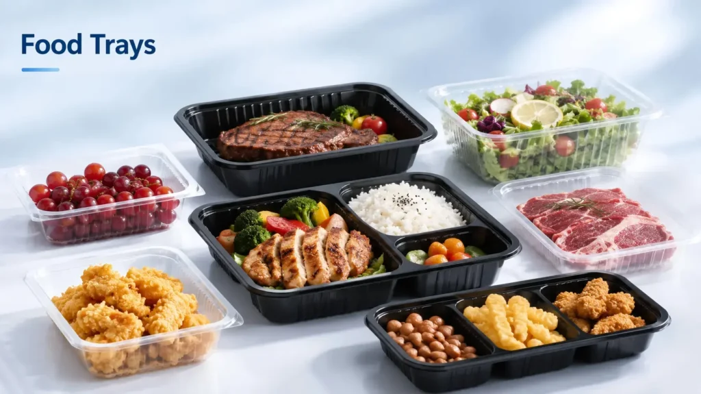 Plastic food trays for meat, salad, fruit and takeaway meals produced by vacuum forming machine