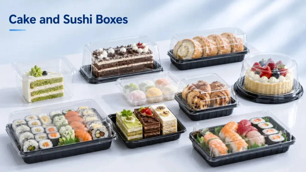 Cake and sushi boxes made by vacuum forming machine for bakery, dessert and takeaway food packaging