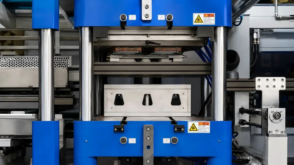 Three-station thermoforming machine precision cutting system for trays, lids and plastic containers