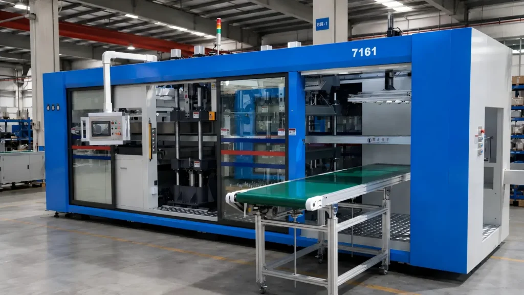 Three-station thermoforming machine 7161 for food containers, trays, lids and clamshell packaging