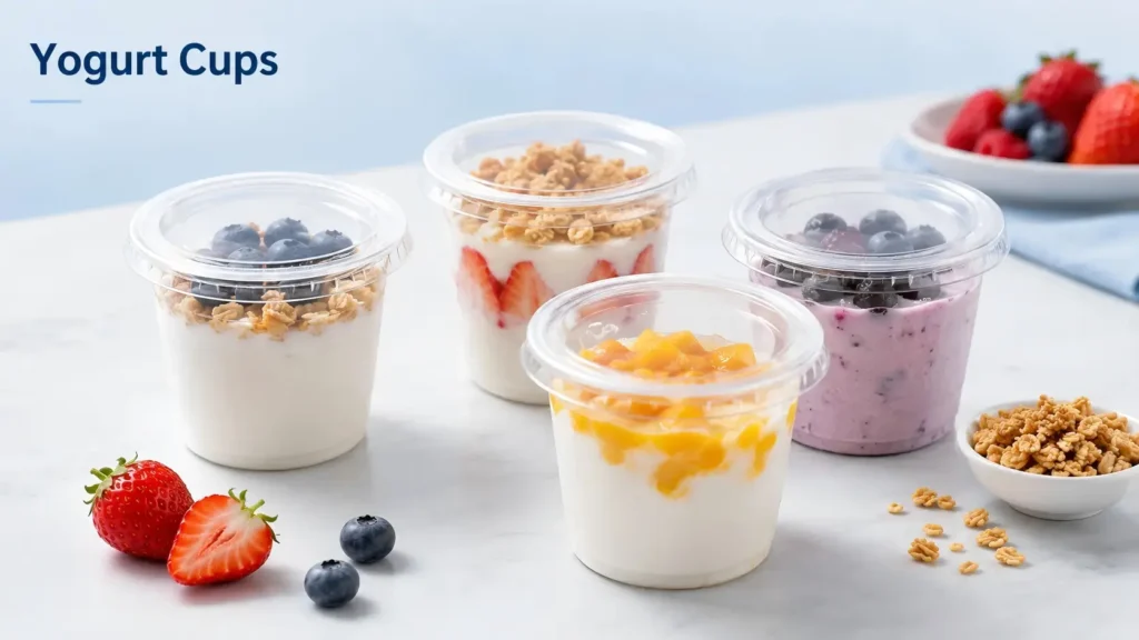Yogurt cups produced by cup making machine for dairy packaging and disposable plastic food containers