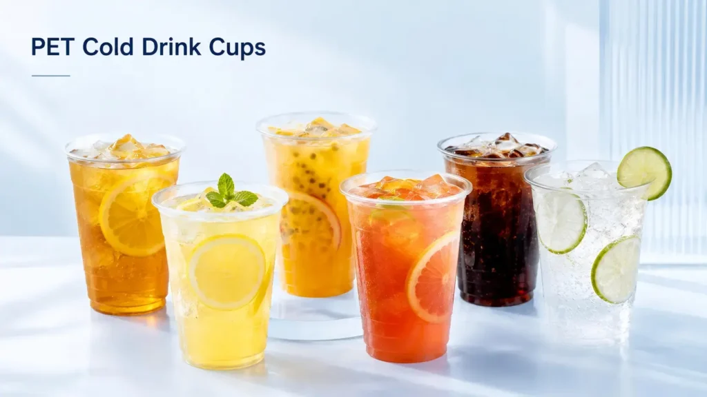 PET cold drink cups produced by cup making machine for juice, iced coffee and beverage packaging