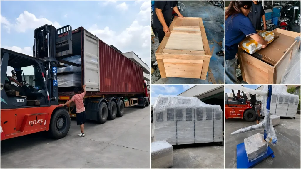 Plastic packaging machine packing and container loading with forklift before international shipment