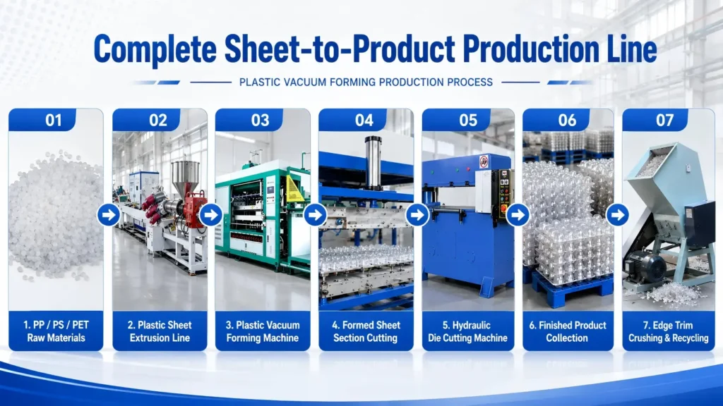 Complete plastic vacuum forming production line from raw material and sheet extrusion to cutting and recycling