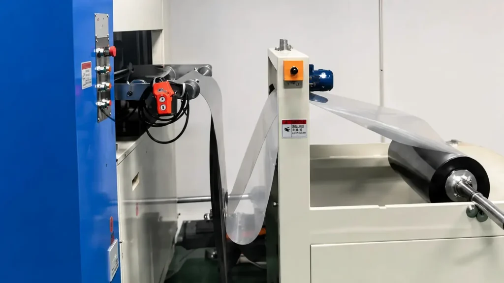 Three-station thermoforming machine sheet feeding system for controlled plastic sheet roll loading