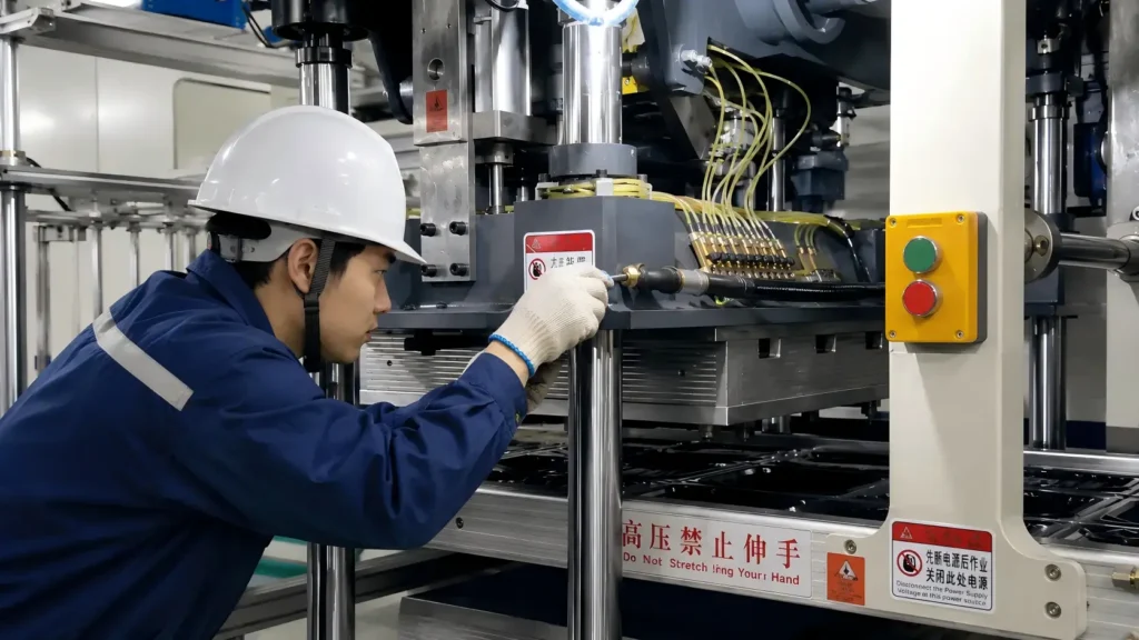 Engineer inspecting vacuum system of three-station thermoforming machine for stable tray forming