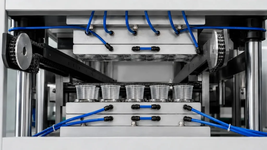 Cup making machine thermoforming section forming heated plastic sheet into disposable cup shapes