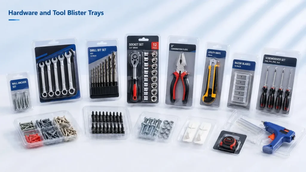 Hardware blister trays made by plastic vacuum forming machine for tools, batteries and retail products