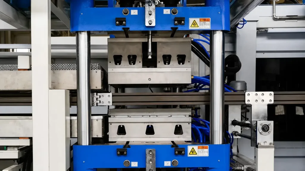 Three-station thermoforming machine positive and negative pressure forming system for trays and containers