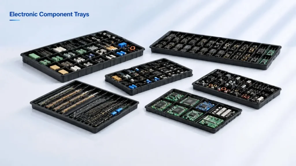 Electronic component trays produced by plastic vacuum forming machine for connectors and circuit boards