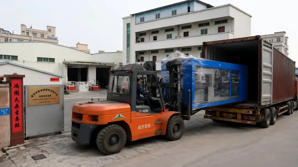 Three-station thermoforming machine packed and loaded into container by forklift after inspection