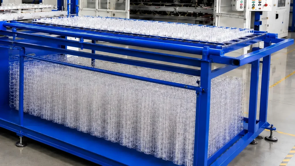 Plastic vacuum forming machine output rack for collecting formed sheet sections before final trimming