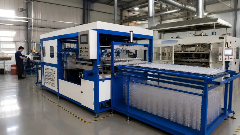 Plastic vacuum forming machine working scene for heating and shaping thermoplastic sheets into trays and parts