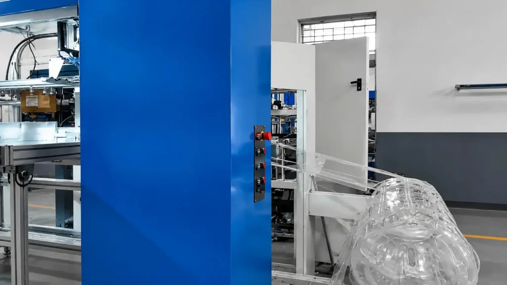 Three-station thermoforming machine product output and scrap collection system
