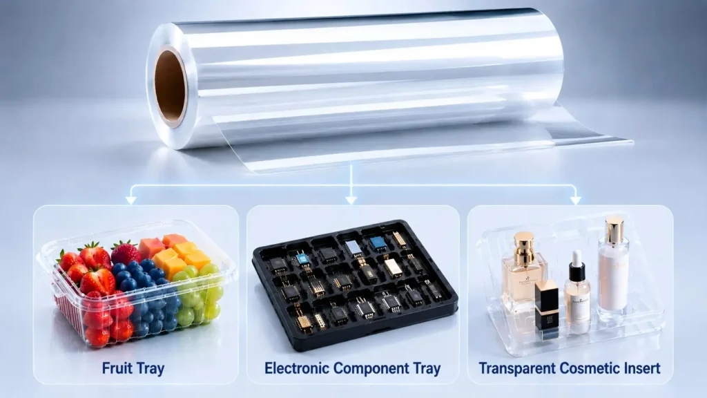 PET sheet for plastic vacuum forming machine used in clear trays, blister shells and electronic component trays
