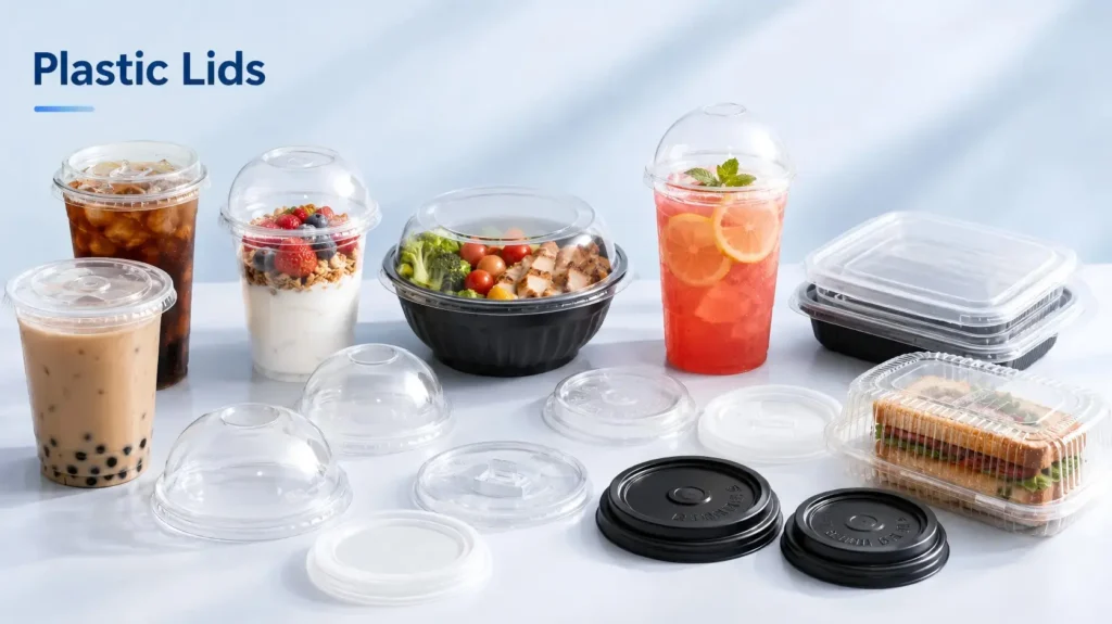 Plastic lids for cups, bowls, clamshell containers and takeaway food packaging made by thermoforming machine
