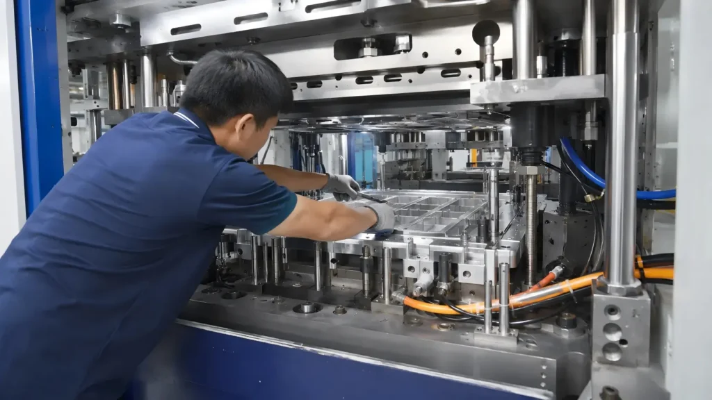 Three-station thermoforming machine mold installation and adjustment for forming and cutting plastic containers