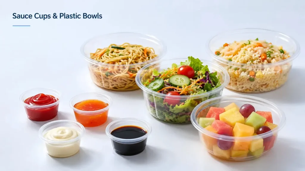 Sauce cups and plastic bowls produced by cup making machine for disposable food packaging