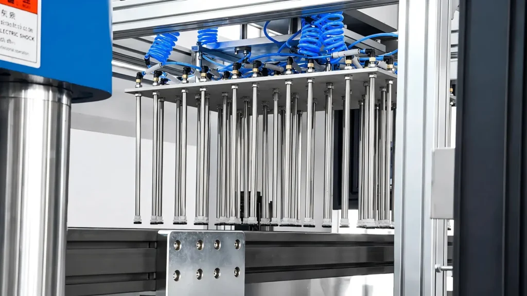 Three-station thermoforming machine automatic stacking system for trays, lids and plastic containers