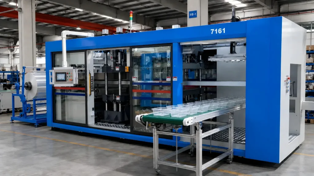 Three-station thermoforming machine trial run for feeding, heating, forming, cutting and stacking